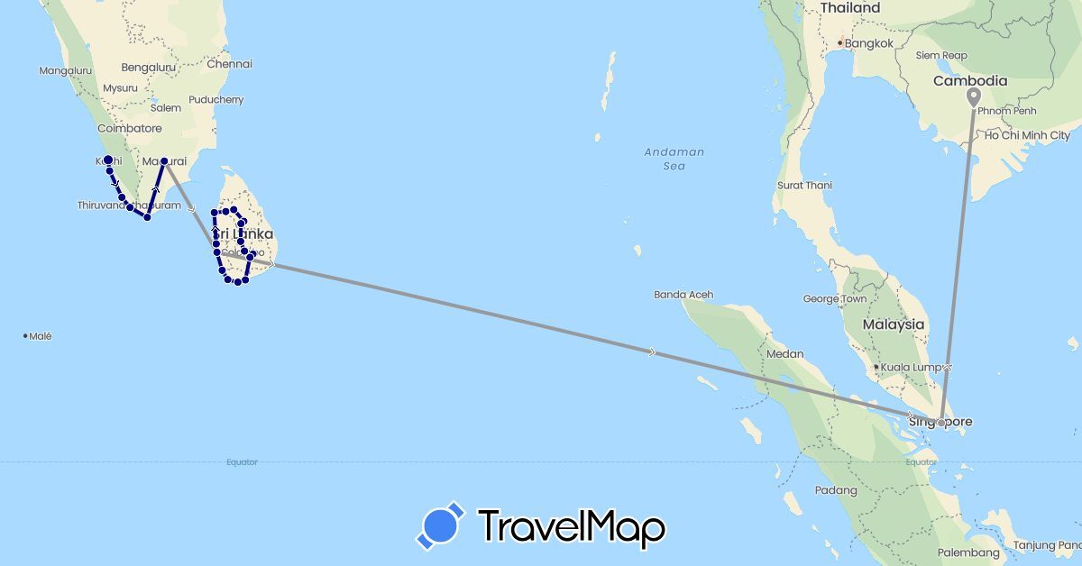 TravelMap itinerary: driving, plane in India, Cambodia, Sri Lanka, Singapore (Asia)